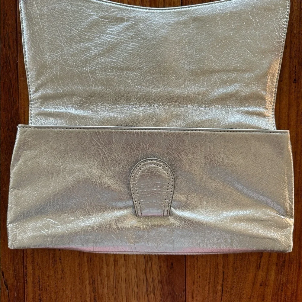 Express Metallic Silver Clutch Snap Close Front / 13